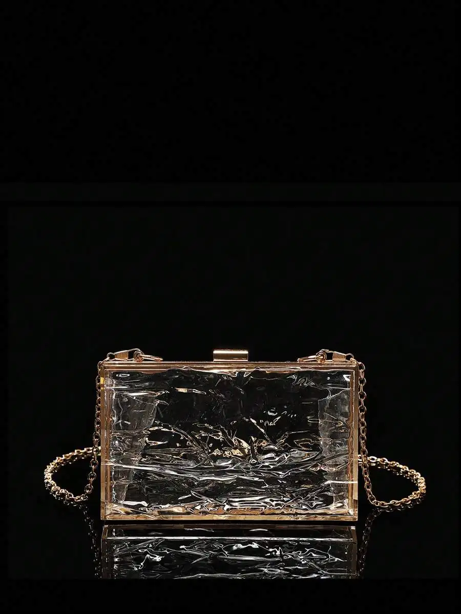 Transparent Acrylic Clutch With Gold Chain And Cracked Glacier Design For Evening Events, Prom, Wedding, Party Dress Accessory
Transparent Acrylic Clutch With Gold Chain And Cracked Glacier Design For Evening Events, Prom, Wedding, Party Dress Accessory