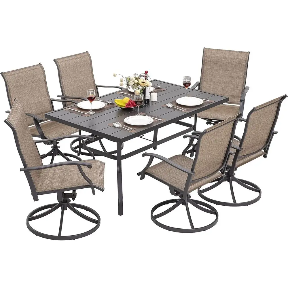 7-Piece Outdoor Dining Set with 6 Swivel Chairs, 1.57 Umbrella Hole, Black & Brown Iron Patio Furniture
7-Piece Outdoor Dining Set with 6 Swivel Chairs, 1.57 Umbrella Hole, Black & Brown Iron Patio Furniture