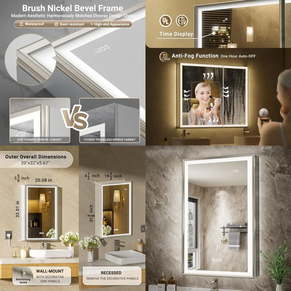 20x32 Lighted Medicine Cabinet, Beveled Brushed Nickel ed Surace or Reced oglDimmable LED Medicine Cabinet with Mirror, Outlet,
20x32 Lighted Medicine Cabinet, Beveled Brushed Nickel ed Surace or Reced oglDimmable LED Medicine Cabinet with Mirror, Outlet,