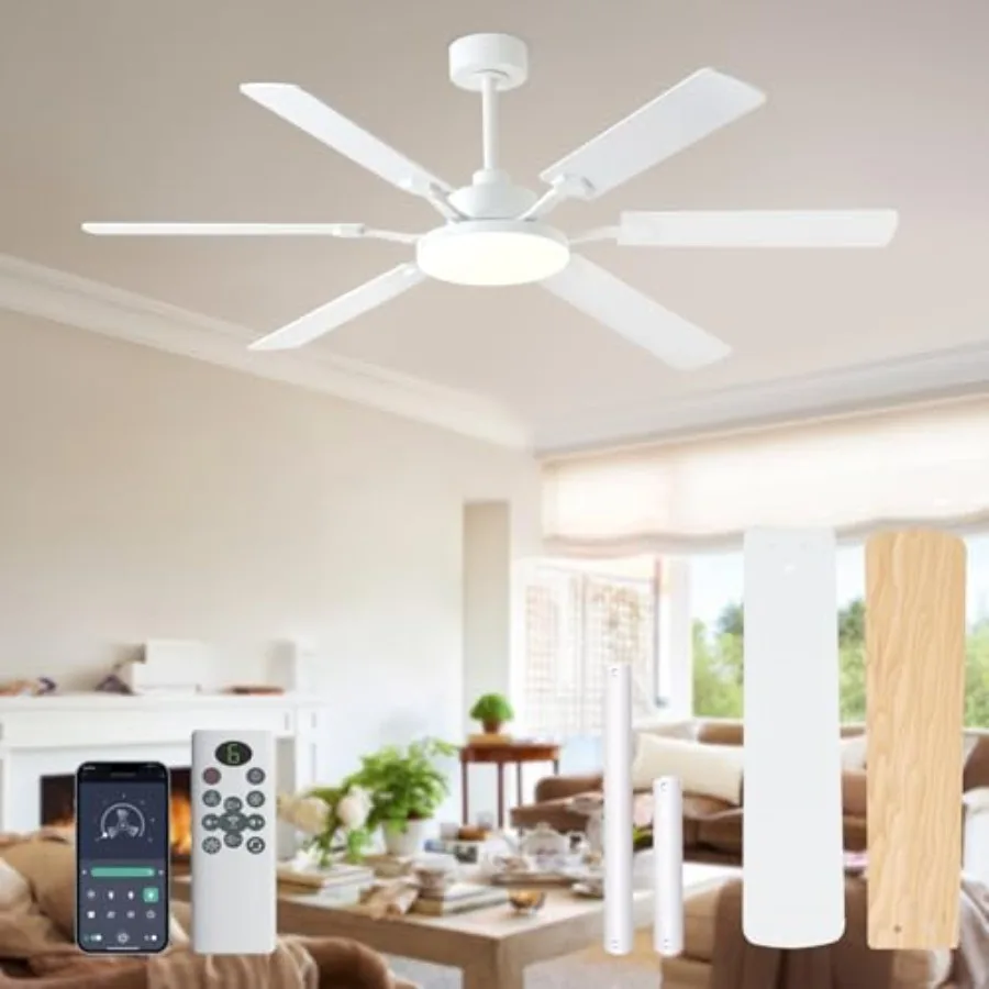 Indoor Outdoor Patio Use: 60 Inch Modern White Ceiling Fan with Light, 6 Double Sided Blades, 6-Speed Reversible Motor, Dimmabl
Indoor Outdoor Patio Use: 60 Inch Modern White Ceiling Fan with Light, 6 Double Sided Blades, 6-Speed Reversible Motor, Dimmabl