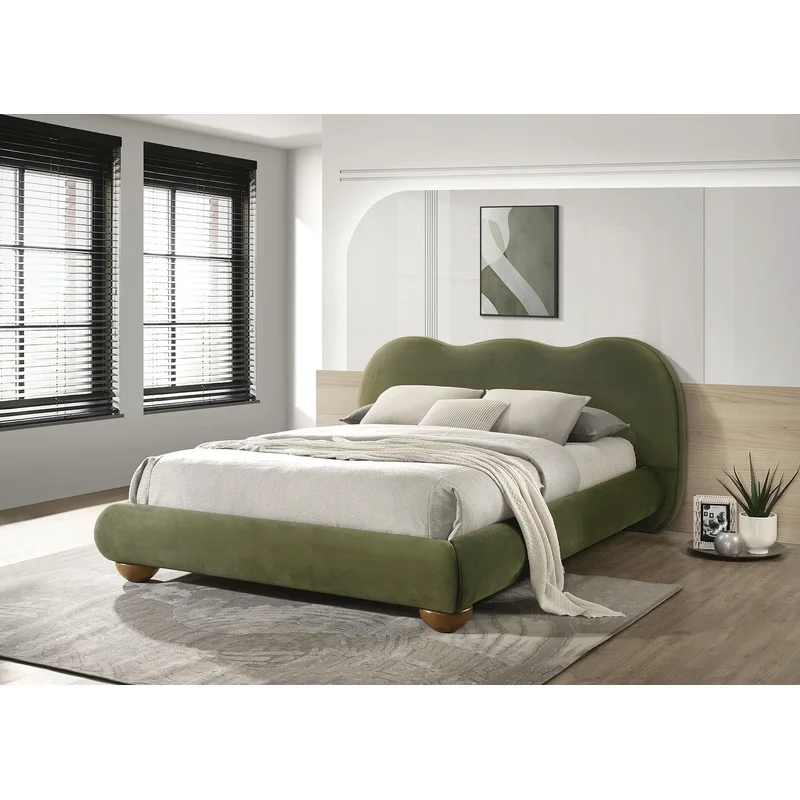 Eastern King Bed with Round Wooden Bun Feet, Boucle Upholstered, Olive Green Solid Wood Frame
Eastern King Bed with Round Wooden Bun Feet, Boucle Upholstered, Olive Green Solid Wood Frame