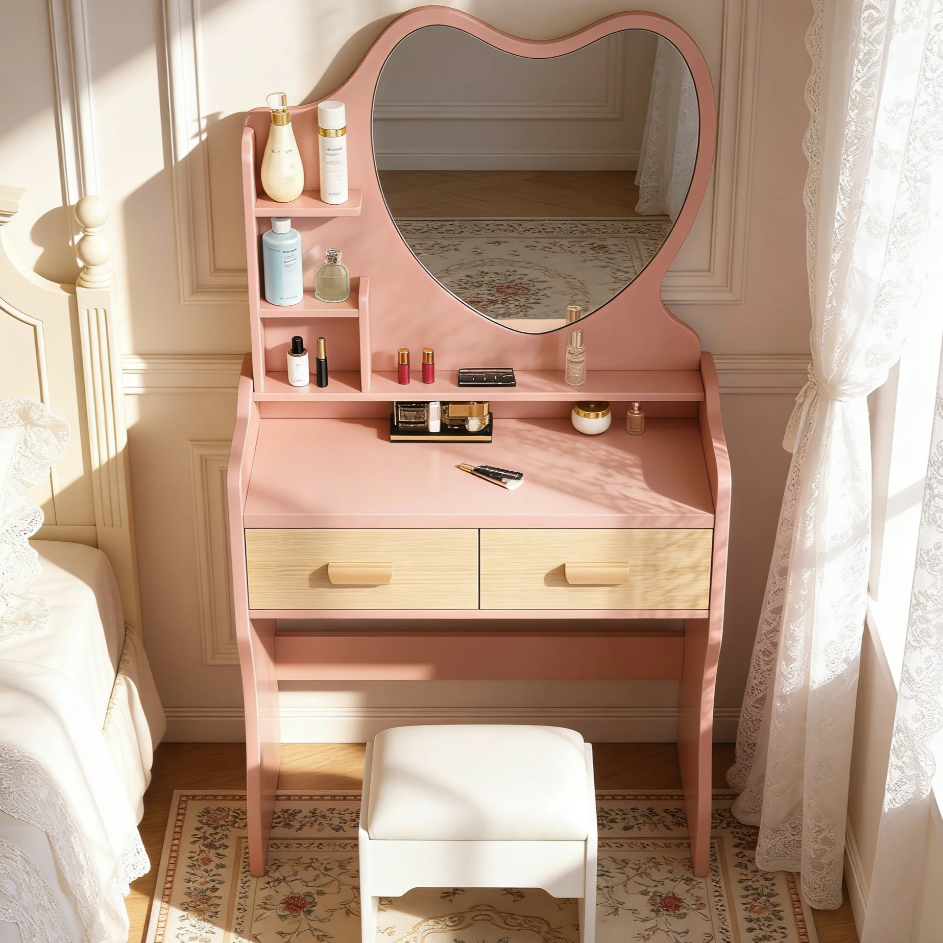 # Hot Sale Heart-Shaped Dressing Table 2 Drawer Storage Makeup Vanity With Stool For Bedroom Small Apartment
# Hot Sale Heart-Shaped Dressing Table 2 Drawer Storage Makeup Vanity With Stool For Bedroom Small Apartment