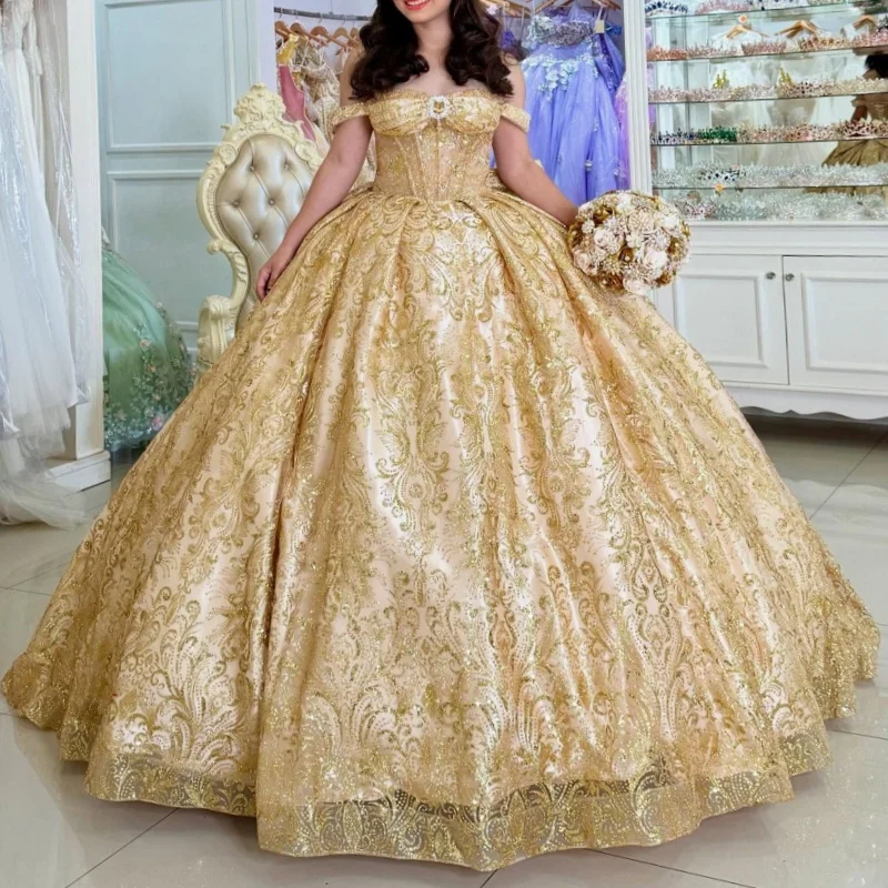 Gold Shiny Princess Quinceanera Dresses Off Shoulder Beads Sequin Applique Lace Bow Tull Sweet 16 Dress Ball Gown Vestidos 15
Gold Shiny Princess Quinceanera Dresses Off Shoulder Beads Sequin Applique Lace Bow Tull Sweet 16 Dress Ball Gown Vestidos 15