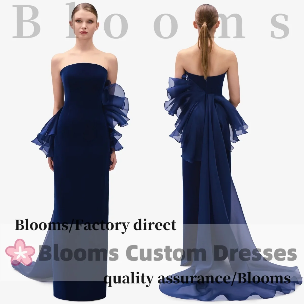 Customized Strapless Sleeveless Blue Velvet Evening Dresses With Organza Ruffles Long Tail Elegant Simple Party Dresses
Customized Strapless Sleeveless Blue Velvet Evening Dresses With Organza Ruffles Long Tail Elegant Simple Party Dresses