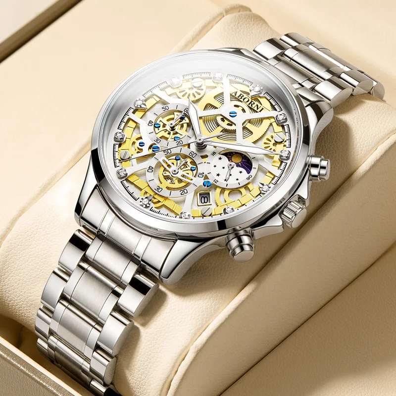 ABORNI Brand Fashion Moon Phase Quartz Watch for Men Luxury Chronograph Watches Mens Stainless Steel Waterproof Luminous Watches
ABORNI Brand Fashion Moon Phase Quartz Watch for Men Luxury Chronograph Watches Mens Stainless Steel Waterproof Luminous Watches