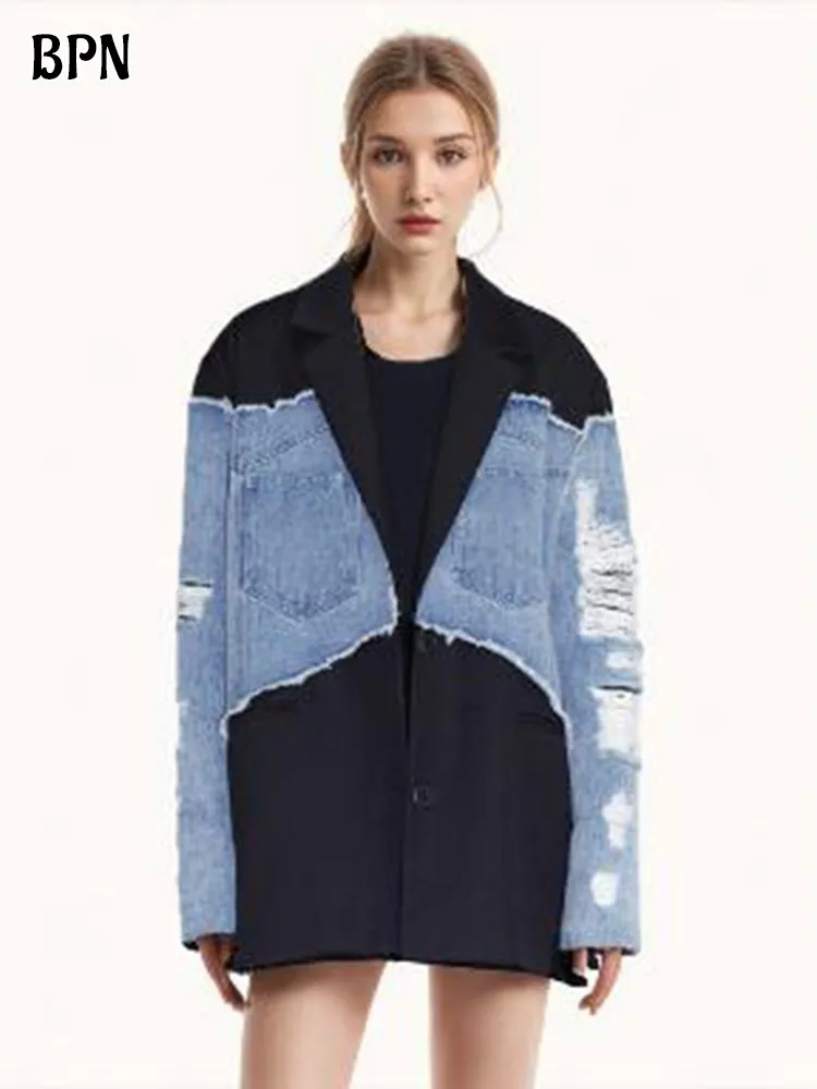 BPN Hit Color Patchwork Denim Fashion Blazers For Women Notched Collar Long Sleeve Hollow Out Single Breasted Loose Female Style
BPN Hit Color Patchwork Denim Fashion Blazers For Women Notched Collar Long Sleeve Hollow Out Single Breasted Loose Female Style