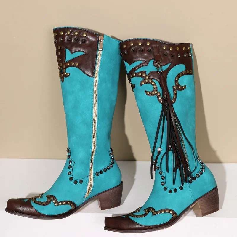 Ethnic Style Su Embroidery Western Cowboy Boots Retro Metal Rivet Long Boots Mid Heel High Leg Plus Size Women's Boots 34&46
Ethnic Style Su Embroidery Western Cowboy Boots Retro Metal Rivet Long Boots Mid Heel High Leg Plus Size Women's Boots 34&46