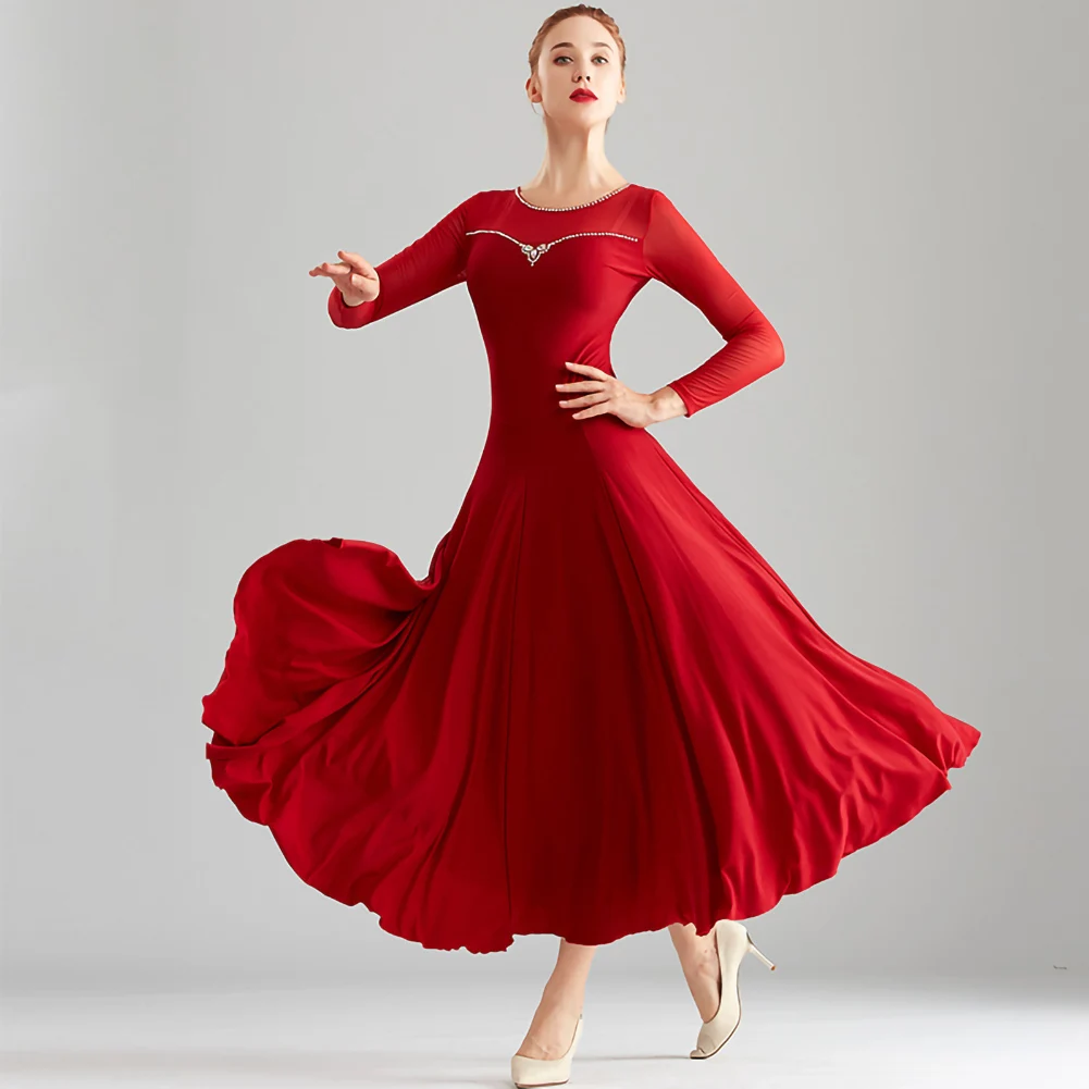 Cost-effective Ballroom Dress Red Long-sleeved Standard Round Neck Rhinestone Black Women's Performance Burgundy Dance Dress
Cost-effective Ballroom Dress Red Long-sleeved Standard Round Neck Rhinestone Black Women's Performance Burgundy Dance Dress