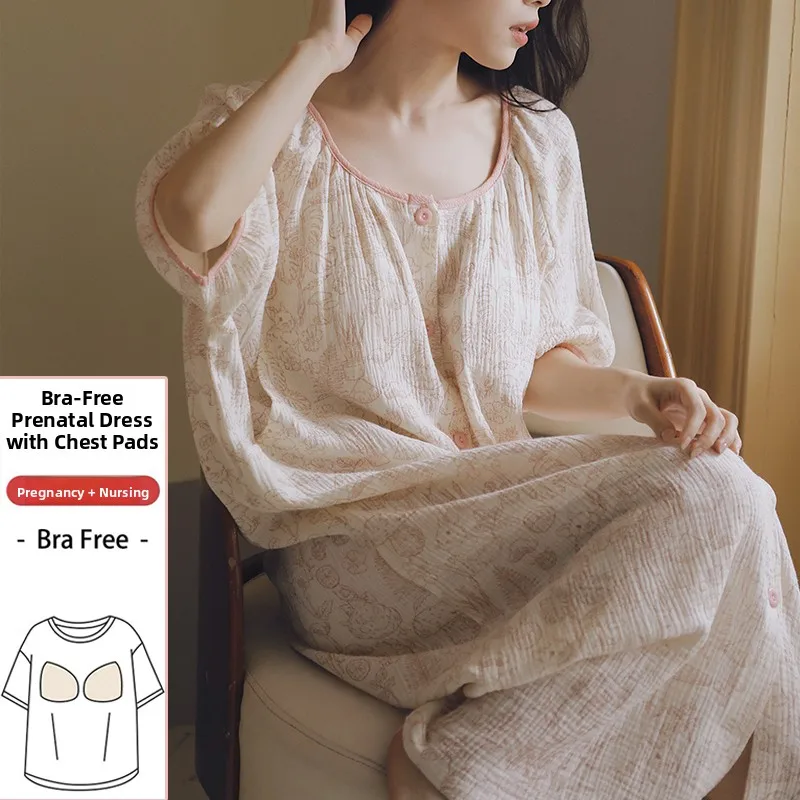 Summer Cotton Gauze Sleepwear Maternity Nightgown with Chest Pad Short Sleeve Postpartum Nursing Home Clothes Women's Style
Summer Cotton Gauze Sleepwear Maternity Nightgown with Chest Pad Short Sleeve Postpartum Nursing Home Clothes Women's Style