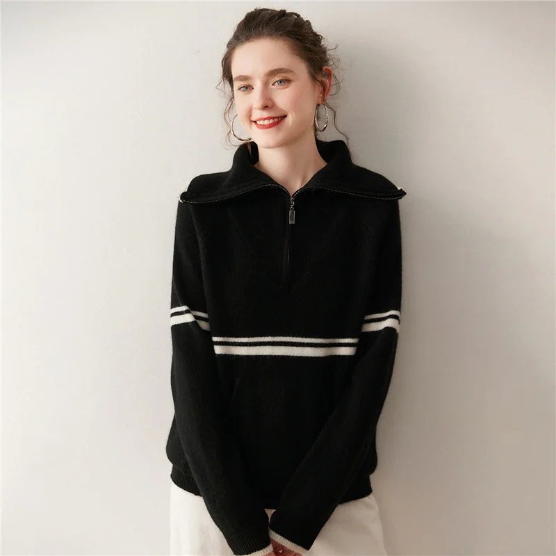 Ленивый ветер, женский пуловер из 100% чистого кашемира, осенне-зимний свитер с матросским воротником и лацканами на молнии, свободные вязаные пальто с карманами, мягкие 
Ленивый ветер, женский пуловер из 100% чистого кашемира, осенне-зимний свитер с матросским воротником и лацканами на молнии, свободные вязаные пальто с карманами, мягкие