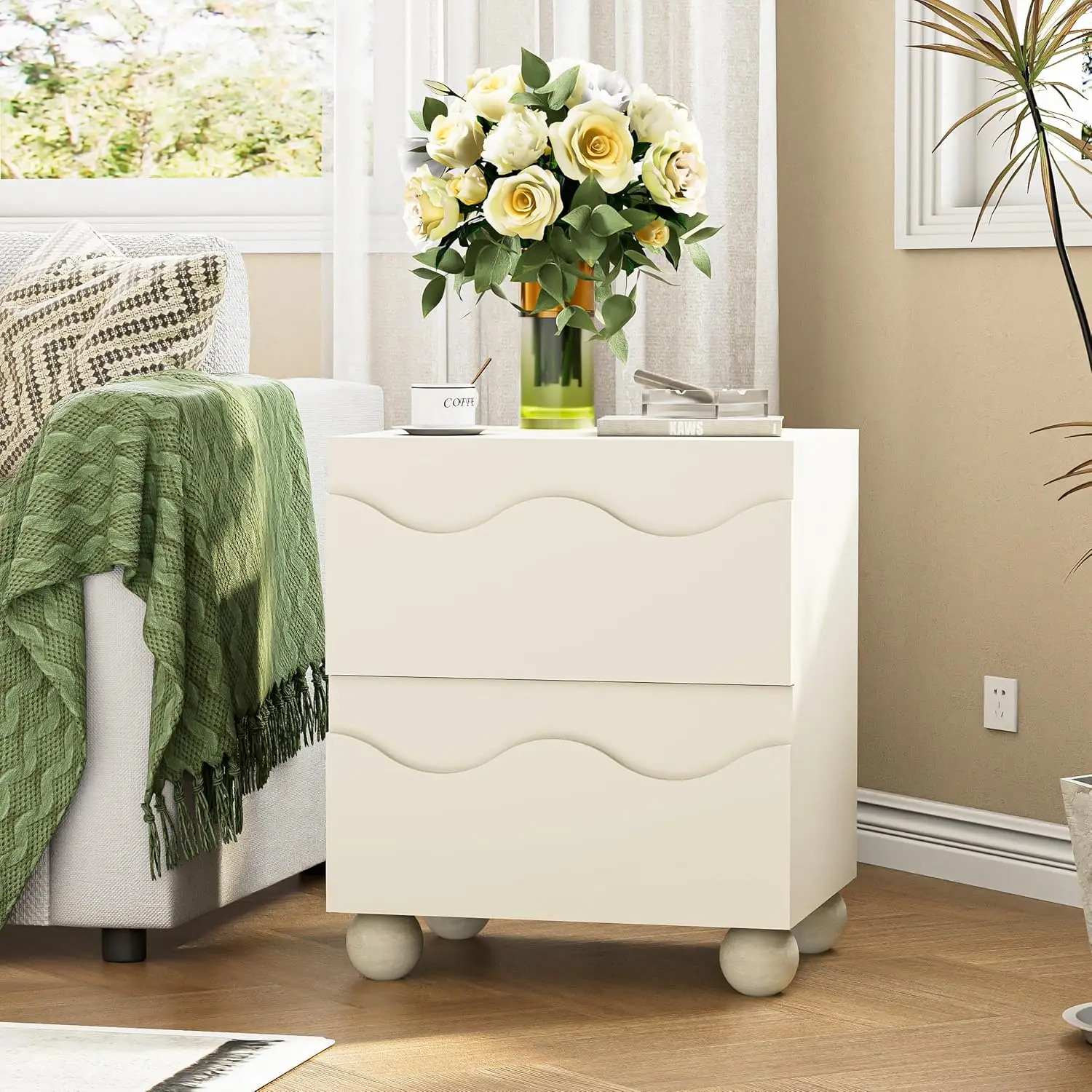 Beige Nightstand Wave Pattern 2 Drawers Bedroom Side End Table Hidden Handles Scalloped Solid Wood Legs, Customized
Beige Nightstand Wave Pattern 2 Drawers Bedroom Side End Table Hidden Handles Scalloped Solid Wood Legs, Customized