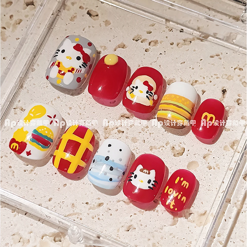 Sweet Cool Spice New Hand-Painted Cute Short Hello Kitty Burger White Wear Nail Pure Handmade Detachable Party Nail Girl Gift
Sweet Cool Spice New Hand-Painted Cute Short Hello Kitty Burger White Wear Nail Pure Handmade Detachable Party Nail Girl Gift