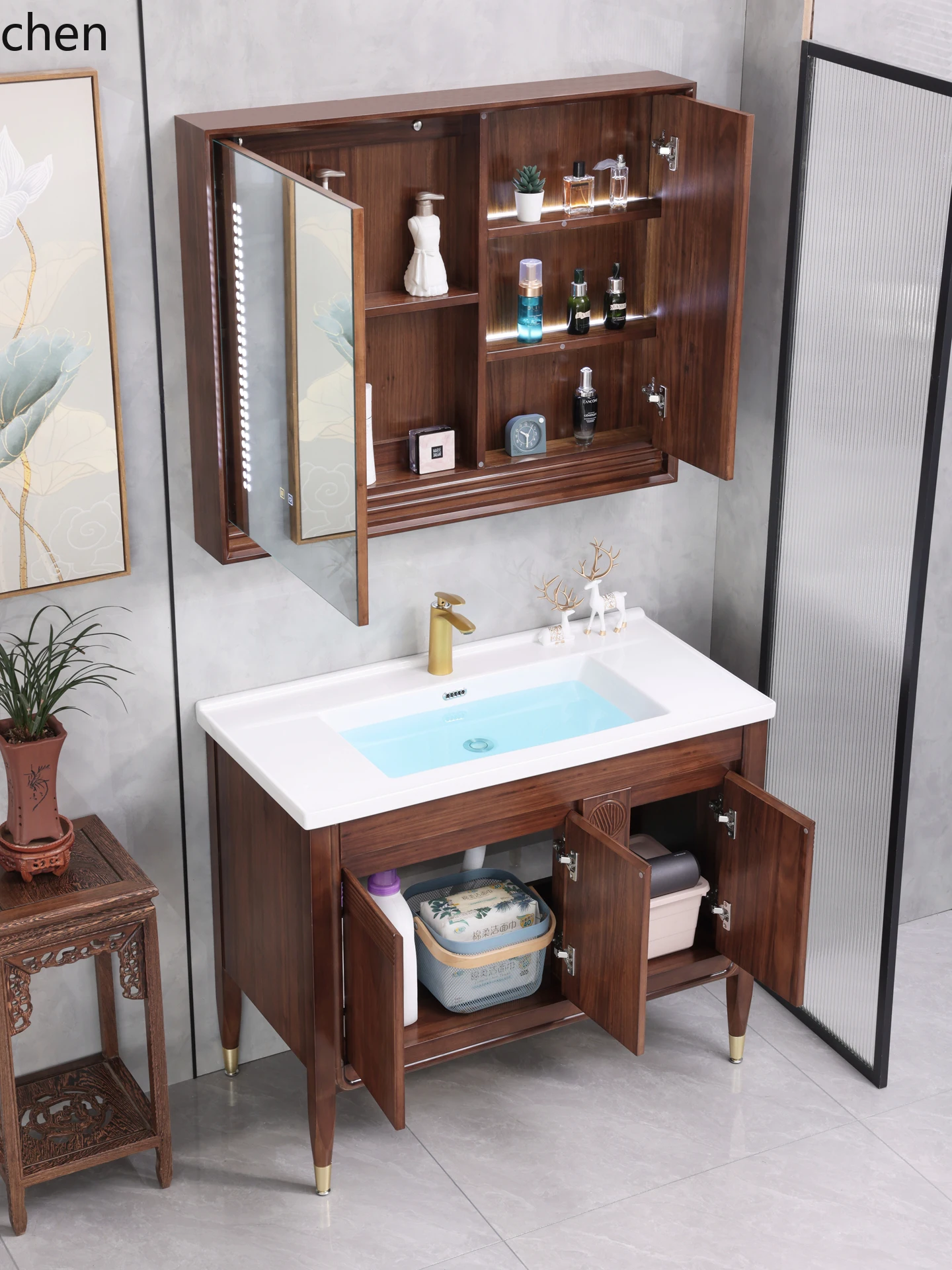 PYH Floor-standing Washstand New Chinese Solid Wood Cabinet Washbasin Combination Ceramic Integrated Basin
PYH Floor-standing Washstand New Chinese Solid Wood Cabinet Washbasin Combination Ceramic Integrated Basin