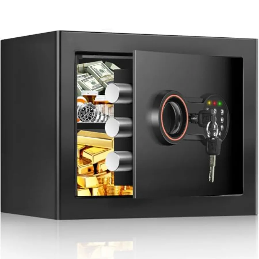 Home dorm safe: steel construction, black finish, compact 9.84H design with alarm, sensor LED light, wall/floor mountable, hidd
Home dorm safe: steel construction, black finish, compact 9.84H design with alarm, sensor LED light, wall/floor mountable, hidd