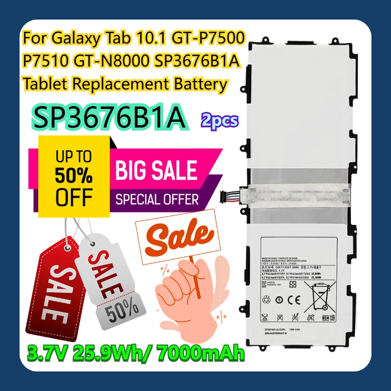 For Galaxy Tab 10.1 GT-P7500 P7510 GT-N8000 3.7V 25.9Wh/ 7000mAh SP3676B1A(1S2P) SP3676B1A Tablet Replacement Battery 2pcs
For Galaxy Tab 10.1 GT-P7500 P7510 GT-N8000 3.7V 25.9Wh/ 7000mAh SP3676B1A(1S2P) SP3676B1A Tablet Replacement Battery 2pcs