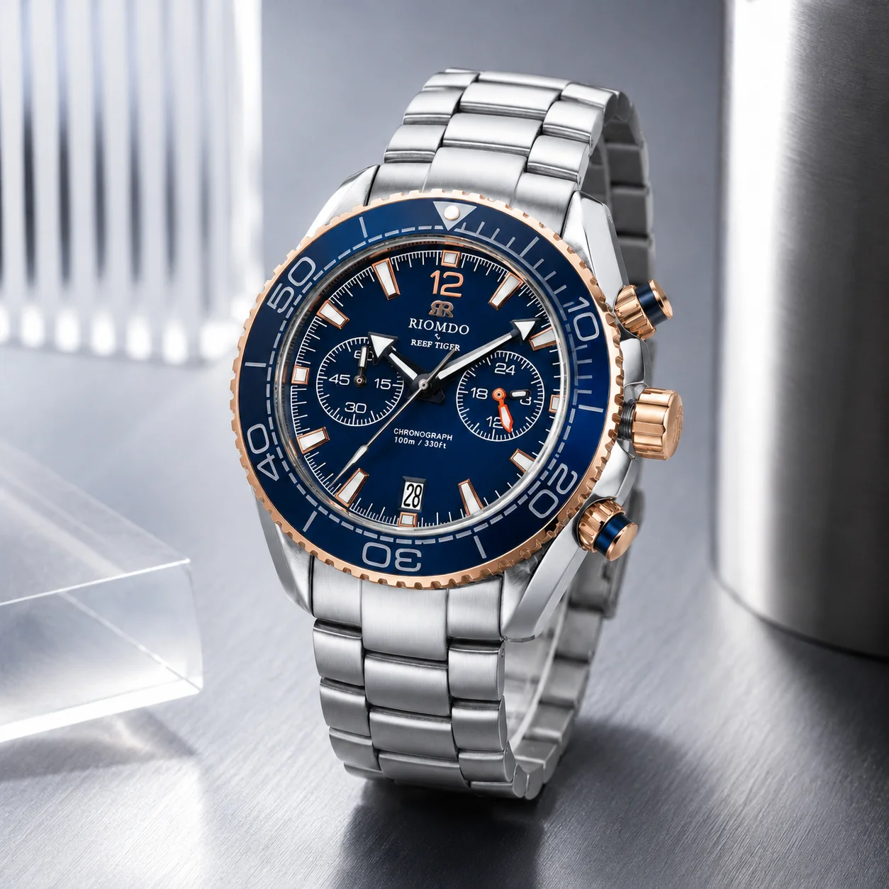 RIOMDO&RF Men's Ocean Chronograph Watch 24-Hour Waterproof Quartz Movement Steel Bracelet Fashion Business Date RD-564
RIOMDO&RF Men's Ocean Chronograph Watch 24-Hour Waterproof Quartz Movement Steel Bracelet Fashion Business Date RD-564