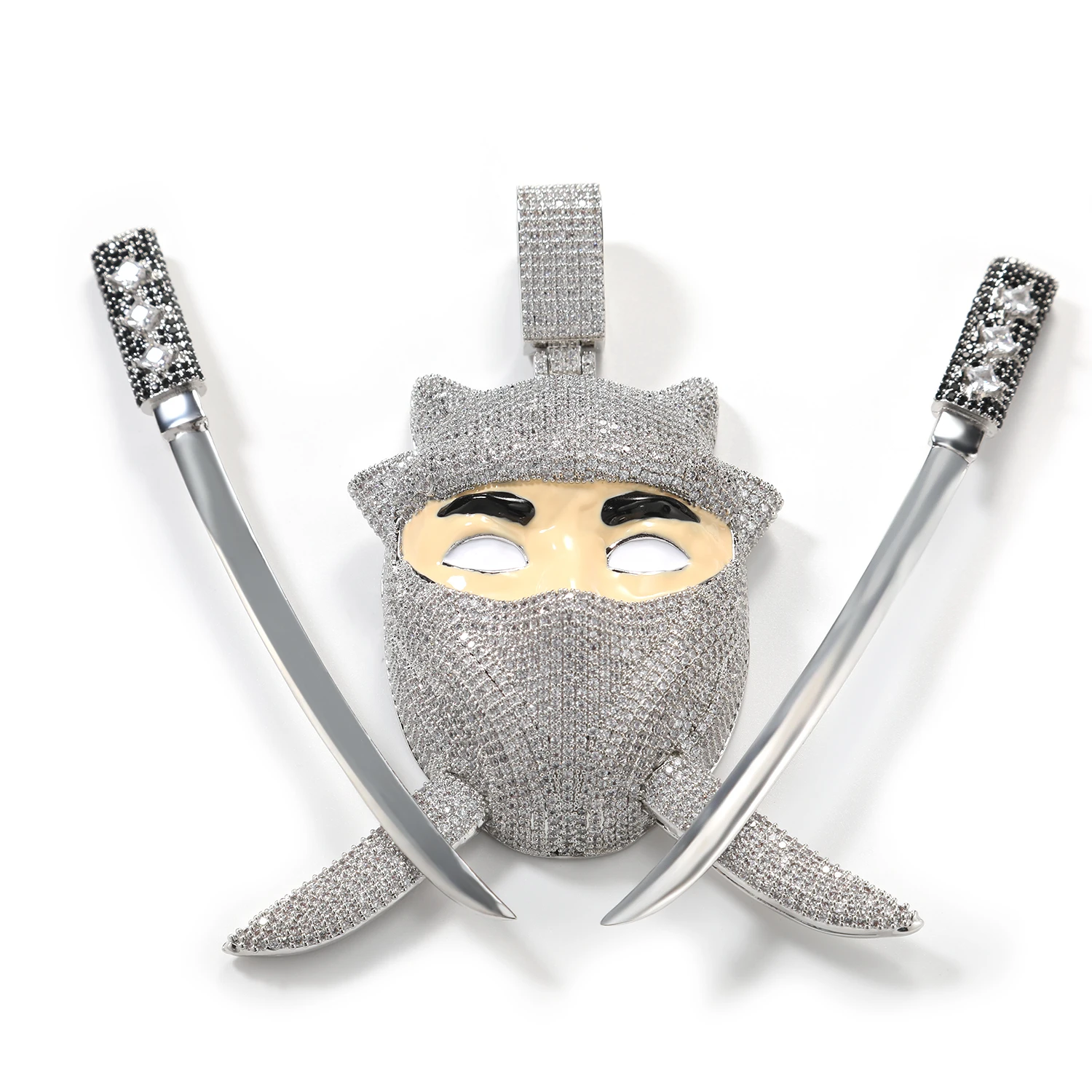 UWIN Iced Out Ninja Pendant Necklaces for Men Two Swords on the Back Cubic Zircon Mask Face Charms Hip Hop Jewelry for Rappers
UWIN Iced Out Ninja Pendant Necklaces for Men Two Swords on the Back Cubic Zircon Mask Face Charms Hip Hop Jewelry for Rappers