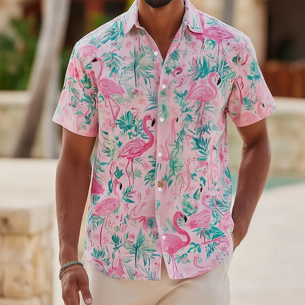 Men's Turndown Short Sleeve Flamingo Tropical 3D Print Shirt, Aloha Hawaiian Beach Vacation Tops Blue Pink Green Spring Summer
Men's Turndown Short Sleeve Flamingo Tropical 3D Print Shirt, Aloha Hawaiian Beach Vacation Tops Blue Pink Green Spring Summer