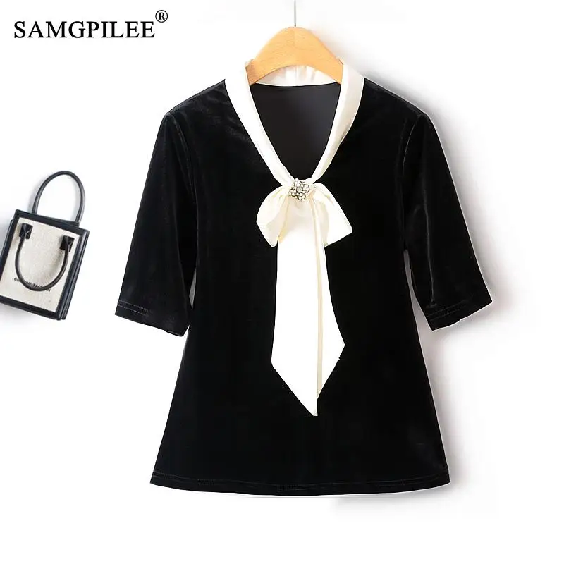 2023 Autumn Elegant Velvet Women's T-shirt V-neck Bow Half Sleeve Slim Bottoming Shirt For Commuting Female Clothing 4XL
2023 Autumn Elegant Velvet Women's T-shirt V-neck Bow Half Sleeve Slim Bottoming Shirt For Commuting Female Clothing 4XL
