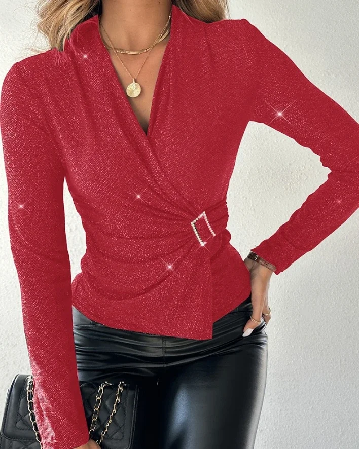 Blouse Women Trendy New 2024 Autumn Basic Rhinestone Long Sleeve V-Neck Sweater Front Buckle Ruched Casual Skinny T-shirt Female
Blouse Women Trendy New 2024 Autumn Basic Rhinestone Long Sleeve V-Neck Sweater Front Buckle Ruched Casual Skinny T-shirt Female