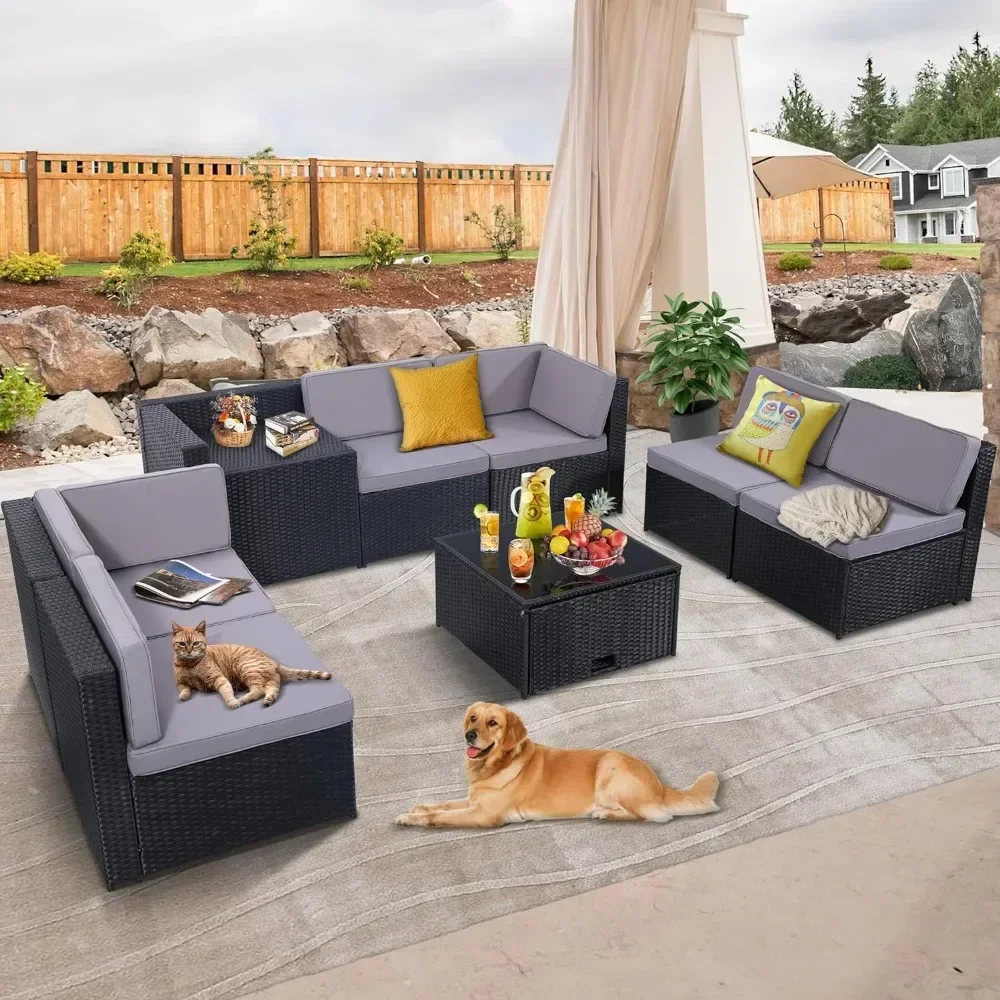 Garden Sofas Wicker Rattan Patio Furniture Sectional Set, Glass Top Table with Hidden Storage, 7 Sofa Sections, Garden Sofas
Garden Sofas Wicker Rattan Patio Furniture Sectional Set, Glass Top Table with Hidden Storage, 7 Sofa Sections, Garden Sofas