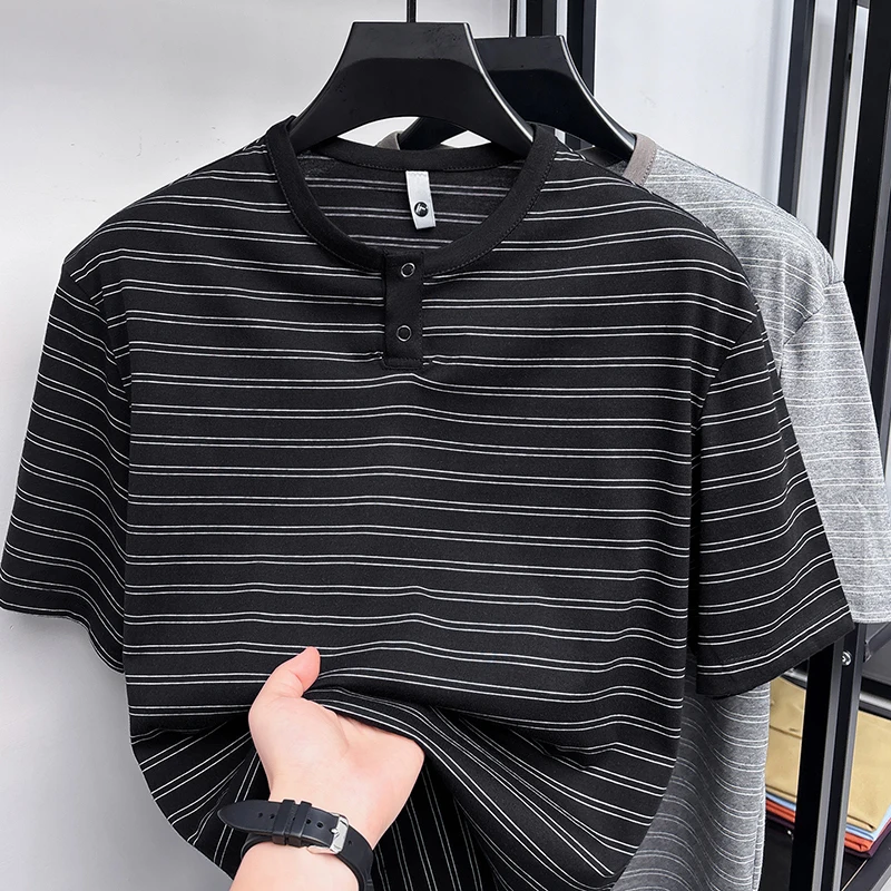 American Style Color Blocking Classic Striped Short Sleeved T-shirt for Men's Summer Casual and Relaxed Henry Collar Top
American Style Color Blocking Classic Striped Short Sleeved T-shirt for Men's Summer Casual and Relaxed Henry Collar Top