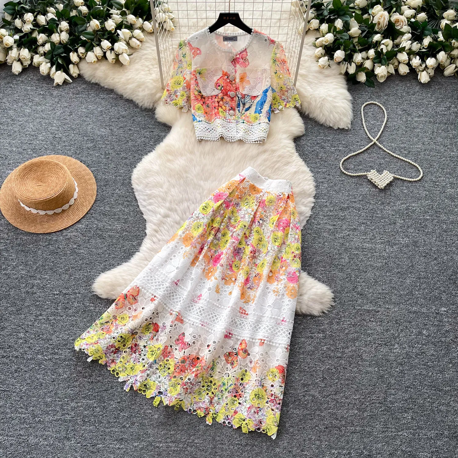 Hollow Out Embroidery Lace Suit Women Summer Floral Print Short Sleeve Top + High Waist Midi Skirt Elegant Party Outfit
Hollow Out Embroidery Lace Suit Women Summer Floral Print Short Sleeve Top + High Waist Midi Skirt Elegant Party Outfit