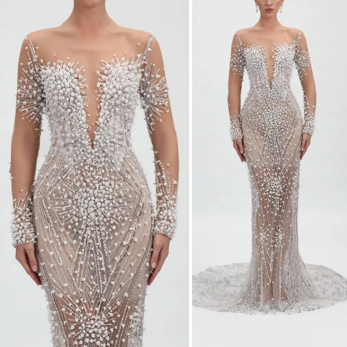 Luxurious Wedding Dress Mermaid Long Sleeves Pearls Illusion Neck Beading Rhinestone Brush Train Formal Bridal Gowns Customized
Luxurious Wedding Dress Mermaid Long Sleeves Pearls Illusion Neck Beading Rhinestone Brush Train Formal Bridal Gowns Customized