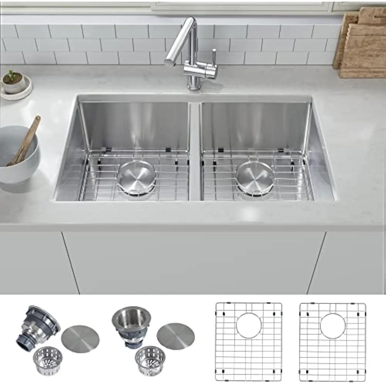Undermount Kitchen Sink 31 X 18 Inch, Stainless Steel Undermount Double Bowl Sink, 50/50 Double Bowl with Sink Grids and Sink
Undermount Kitchen Sink 31 X 18 Inch, Stainless Steel Undermount Double Bowl Sink, 50/50 Double Bowl with Sink Grids and Sink