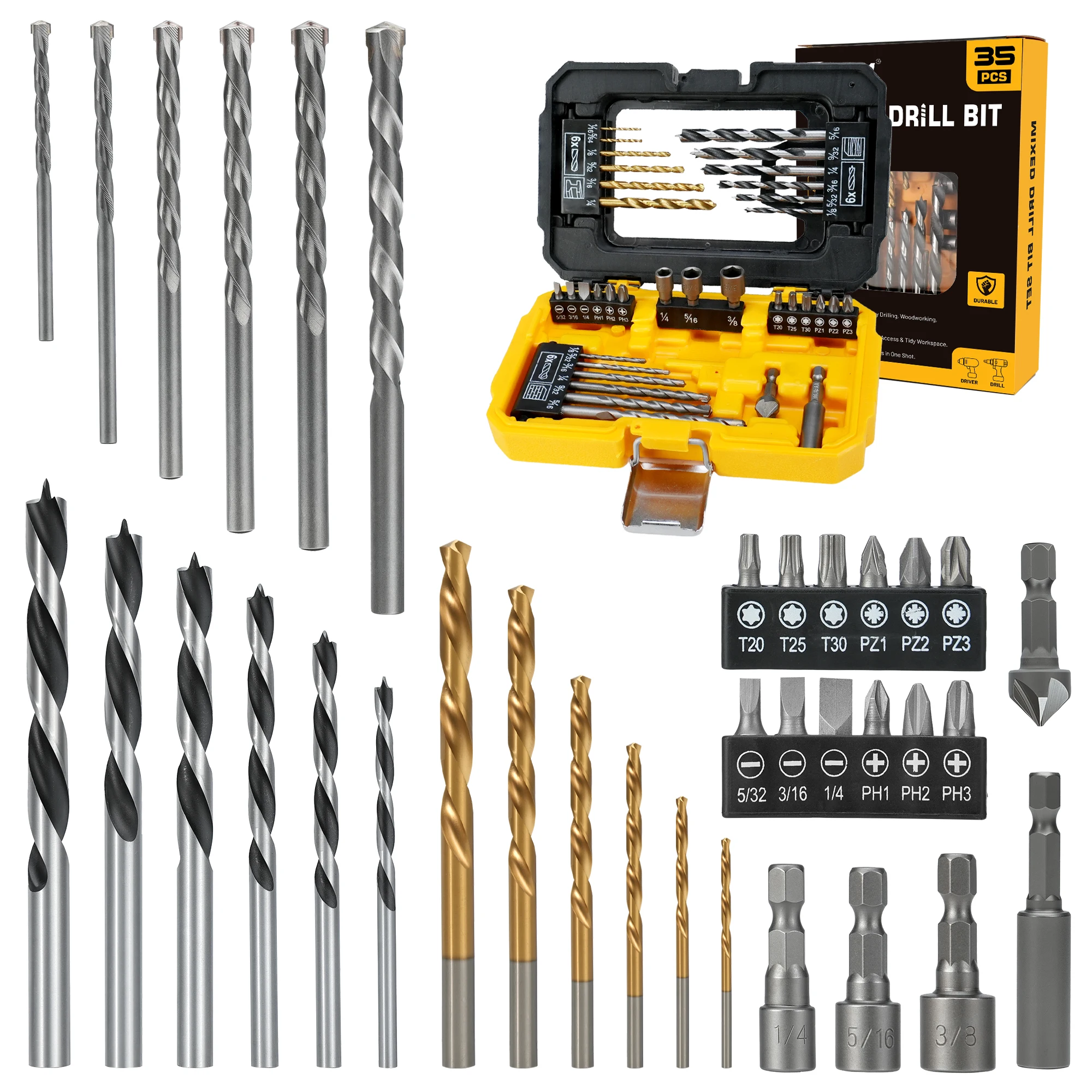 TOLESA 35PCS Bit Combination Tool Set Woodworking Twist Drill Stone Drill Wood Drill Drill & Driver Multipurpose Bit Set for DIY
TOLESA 35PCS Bit Combination Tool Set Woodworking Twist Drill Stone Drill Wood Drill Drill & Driver Multipurpose Bit Set for DIY
