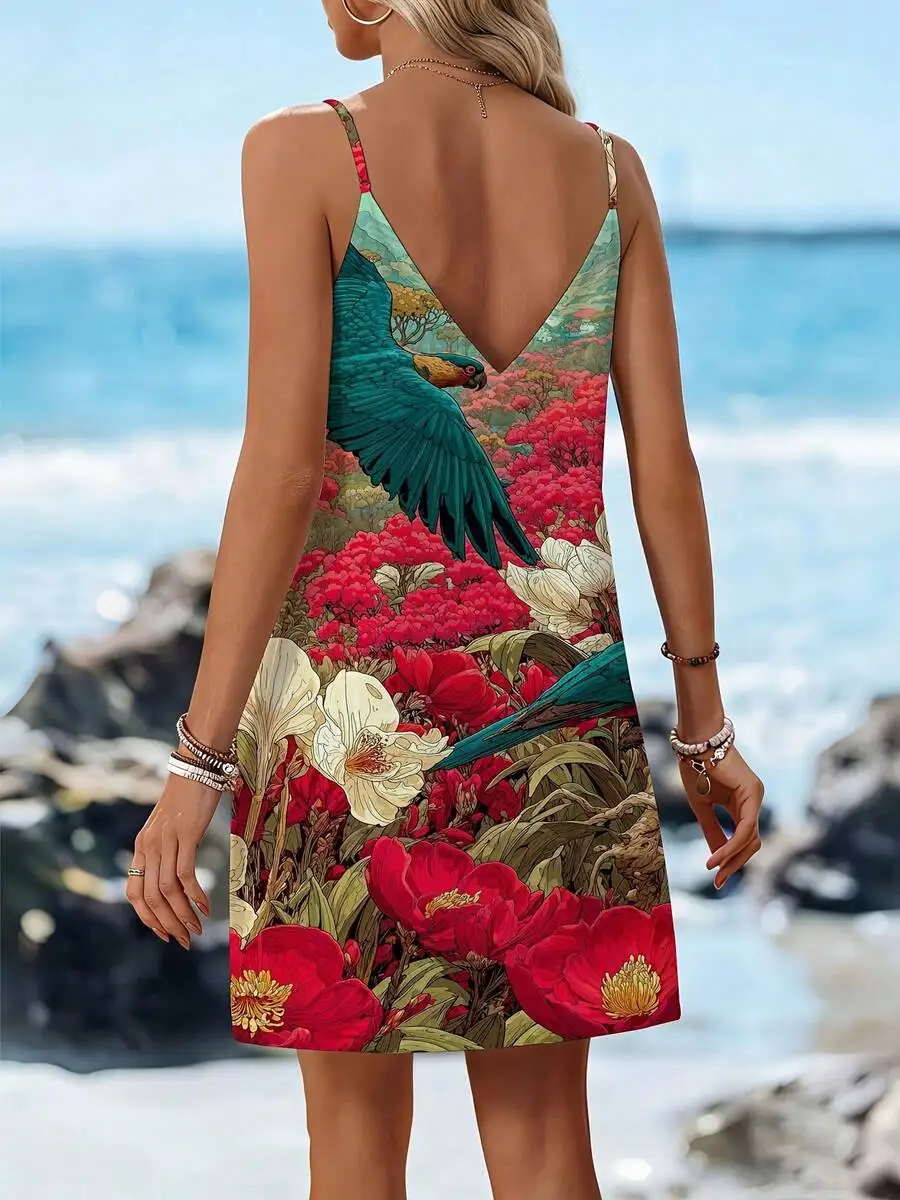 Womens Adjustable Thin Strap V-Neck Backless Mini Dress Tropical Parrot Floral Print Summer Beach Dress
Womens Adjustable Thin Strap V-Neck Backless Mini Dress Tropical Parrot Floral Print Summer Beach Dress
