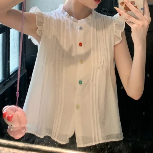 Sweet Ruffled Button Down Shirt Women 2026 New Loose Sleeveless Top Youthful Design
Sweet Ruffled Button Down Shirt Women 2026 New Loose Sleeveless Top Youthful Design