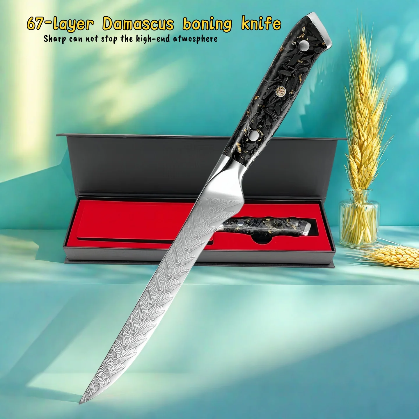 Damascus Boning Knife VG10 67 Layers Forged Into Grain High Hardness Carbon Fiber Gold Leaf Resin Handle Carving Butcher Knife
Damascus Boning Knife VG10 67 Layers Forged Into Grain High Hardness Carbon Fiber Gold Leaf Resin Handle Carving Butcher Knife
