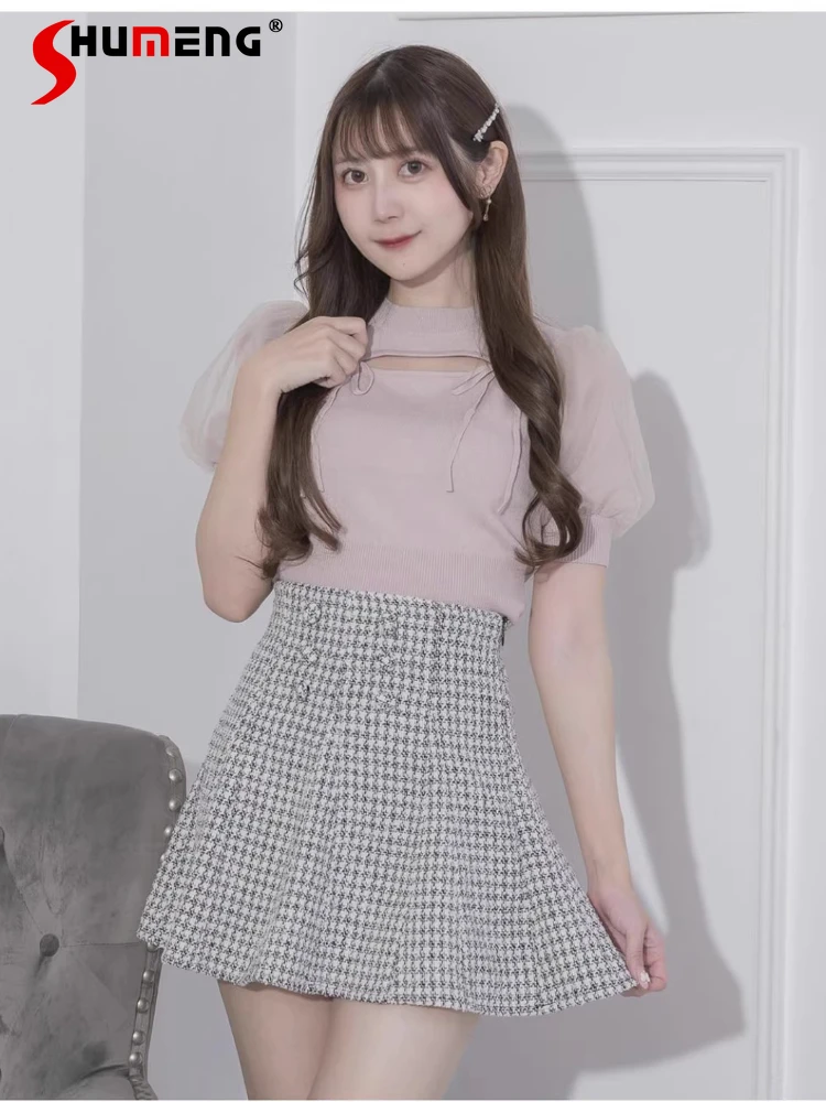 Japanese Mine Style Cut Out Round Neck Lace-up Bow Organza Splicing Puff Sleeves Sweet Elegant Knitted T-shirt Tops Women Summer
Japanese Mine Style Cut Out Round Neck Lace-up Bow Organza Splicing Puff Sleeves Sweet Elegant Knitted T-shirt Tops Women Summer
