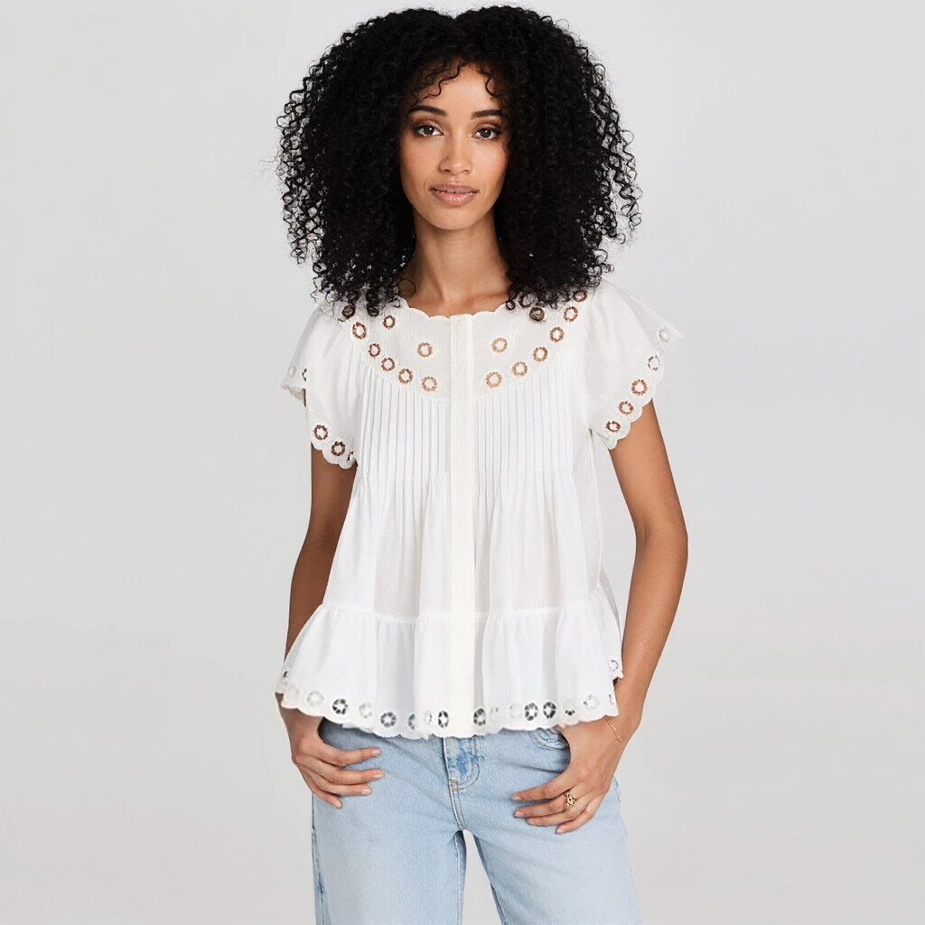 French Style Embroidered Hollow out Fly Sleeve Small Shirt Baggy Cotton Breathable round Neck Button up Women's Shirt
French Style Embroidered Hollow out Fly Sleeve Small Shirt Baggy Cotton Breathable round Neck Button up Women's Shirt