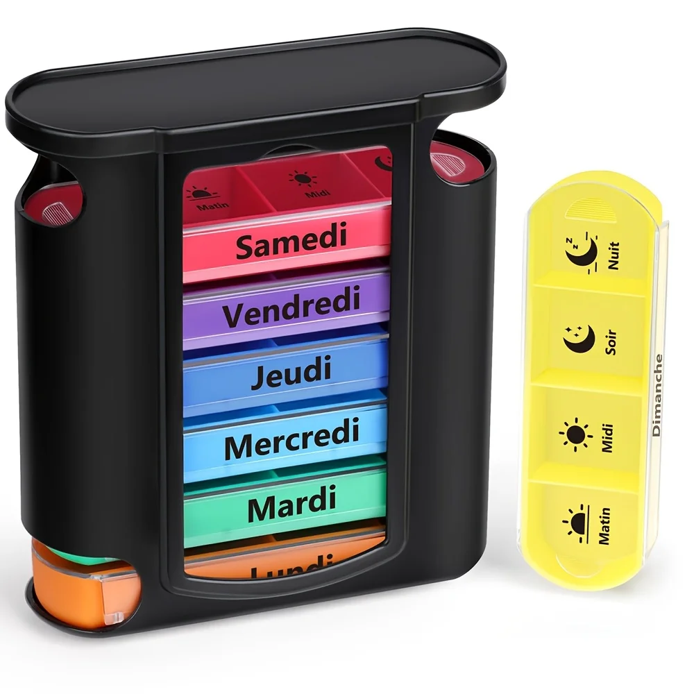 French printing Weekly Pill Organizer, 7 Stackable Compartments Four Times-a-Day - Morning, Noon, Evening, and Bedtime, Black
French printing Weekly Pill Organizer, 7 Stackable Compartments Four Times-a-Day - Morning, Noon, Evening, and Bedtime, Black