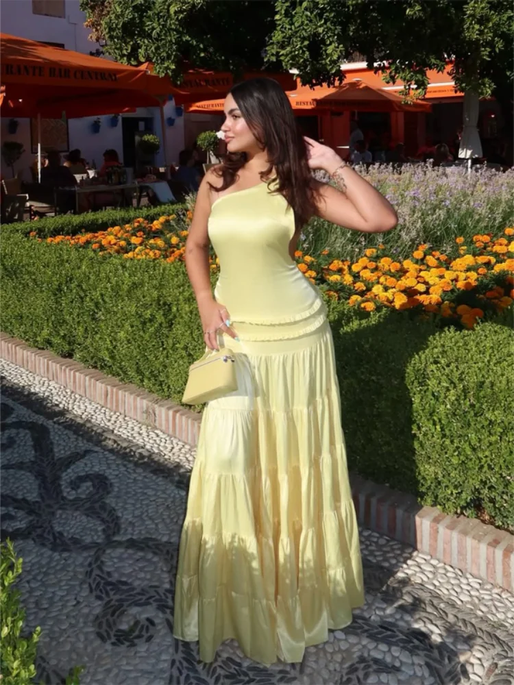 Women Chic Yellow Backless One Shoulder Dress Sleeveless One Shoulder Patchwork Pleated Maxi Gown 2026 Lady Holiday Party Robe
Women Chic Yellow Backless One Shoulder Dress Sleeveless One Shoulder Patchwork Pleated Maxi Gown 2026 Lady Holiday Party Robe