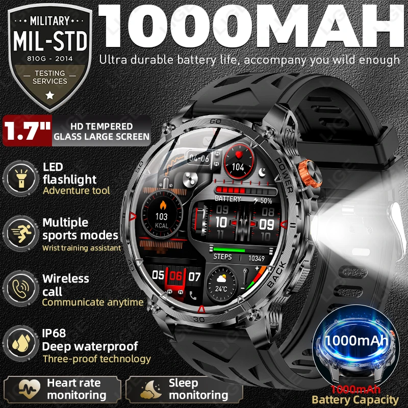 Military Grade Outdoor Sports Smart Watch 2026 New 1000mAh Battery IP68 Waterproof LED Flashlight Bluetooth Call Smartwatch Men
Military Grade Outdoor Sports Smart Watch 2026 New 1000mAh Battery IP68 Waterproof LED Flashlight Bluetooth Call Smartwatch Men