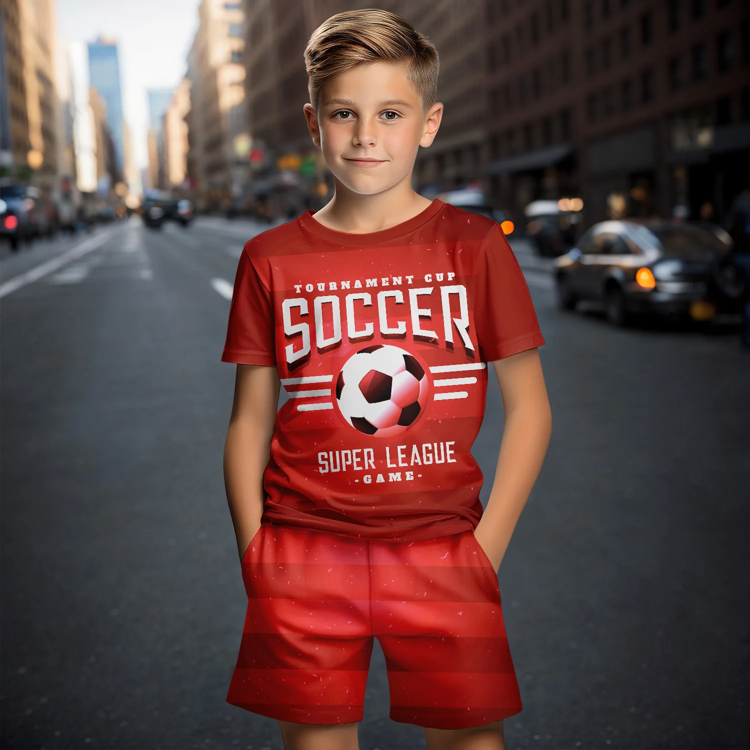 Boys' and children's clothing set summer short sleeved T-shirt 2-piece set 3D football printed shorts casual outdoor children's
Boys' and children's clothing set summer short sleeved T-shirt 2-piece set 3D football printed shorts casual outdoor children's