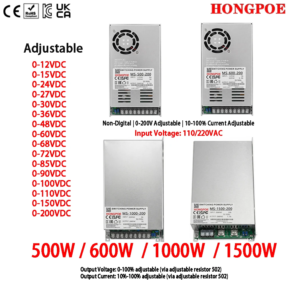 CE Non-Digital Display 500/600/1000/1500W SMPS 0-200V Adjustable 10-100%Current 0-100%Voltage 110/220VAC for LED New Energy CCTV
CE Non-Digital Display 500/600/1000/1500W SMPS 0-200V Adjustable 10-100%Current 0-100%Voltage 110/220VAC for LED New Energy CCTV