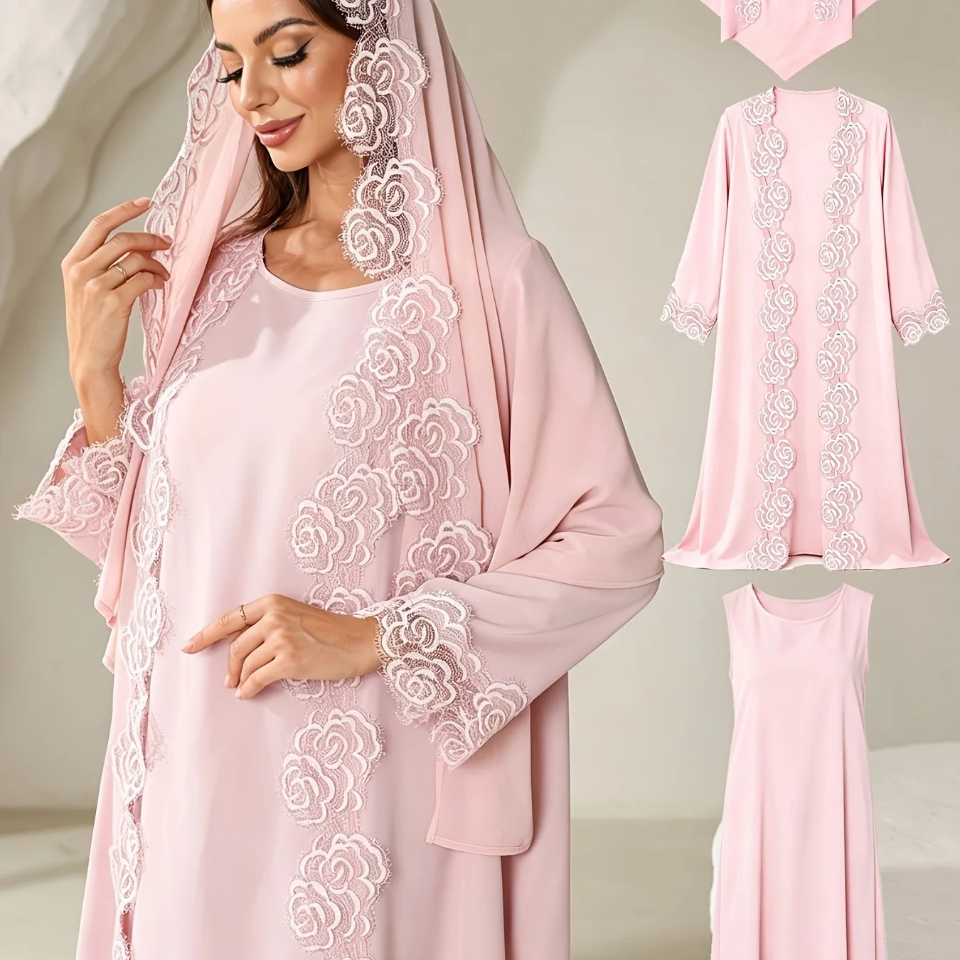 Eid Women Dress Floral Lace Open Abaya Cardigan Suit Dubai Jalabiya Ramadan Kaftan Vestidos Arab Long Robe Hijab 3 Pieces Set
Eid Women Dress Floral Lace Open Abaya Cardigan Suit Dubai Jalabiya Ramadan Kaftan Vestidos Arab Long Robe Hijab 3 Pieces Set