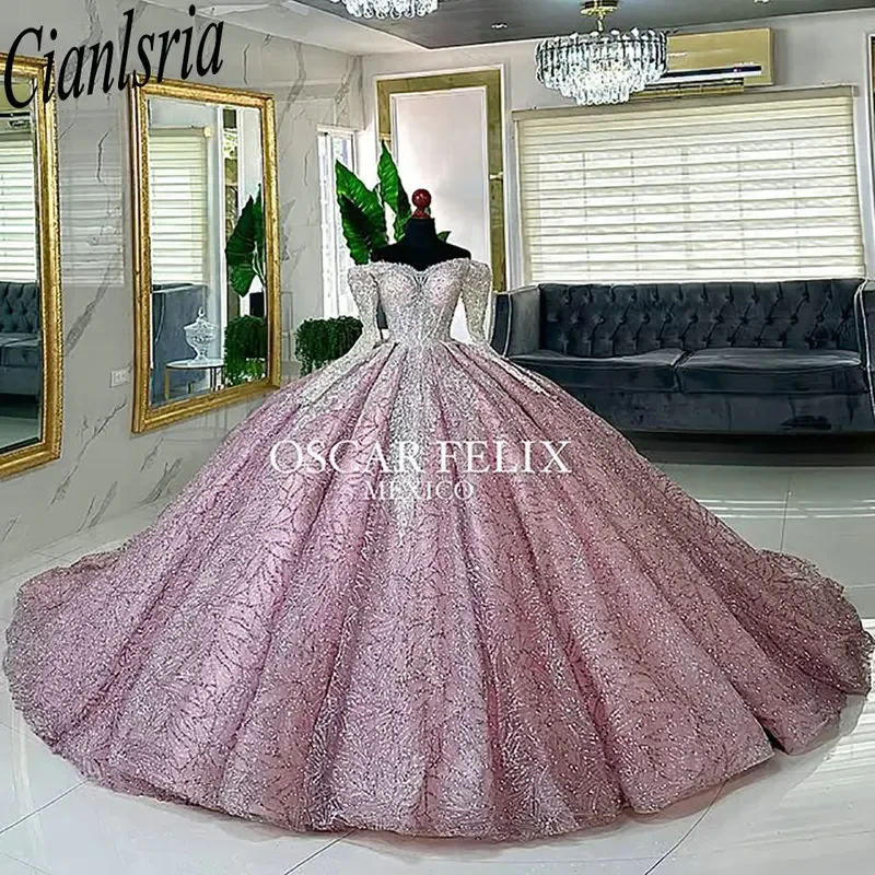 Pink Long Sleeve Appliques Lace Quinceanera Dresses Ball Gown Off The Shoulder Beading Crystal Sweet 15 Años Mexican Customized
Pink Long Sleeve Appliques Lace Quinceanera Dresses Ball Gown Off The Shoulder Beading Crystal Sweet 15 Años Mexican Customized