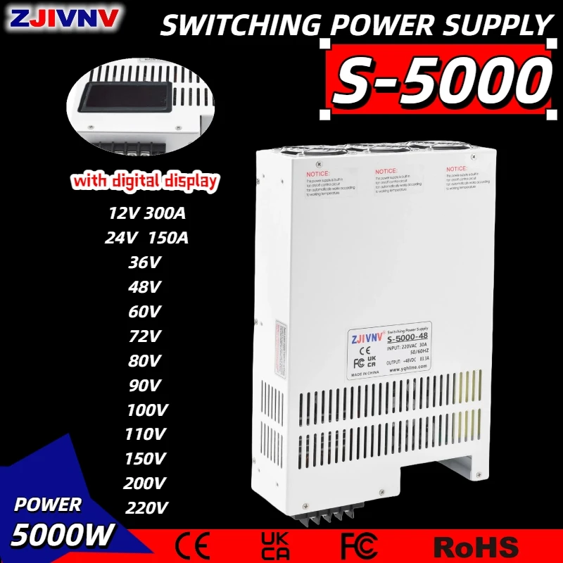 5000W Industrial-Grade Adjustable Switching Power Supply CC CV With or Without a Display Screen for Automated Equipment S-5000
5000W Industrial-Grade Adjustable Switching Power Supply CC CV With or Without a Display Screen for Automated Equipment S-5000