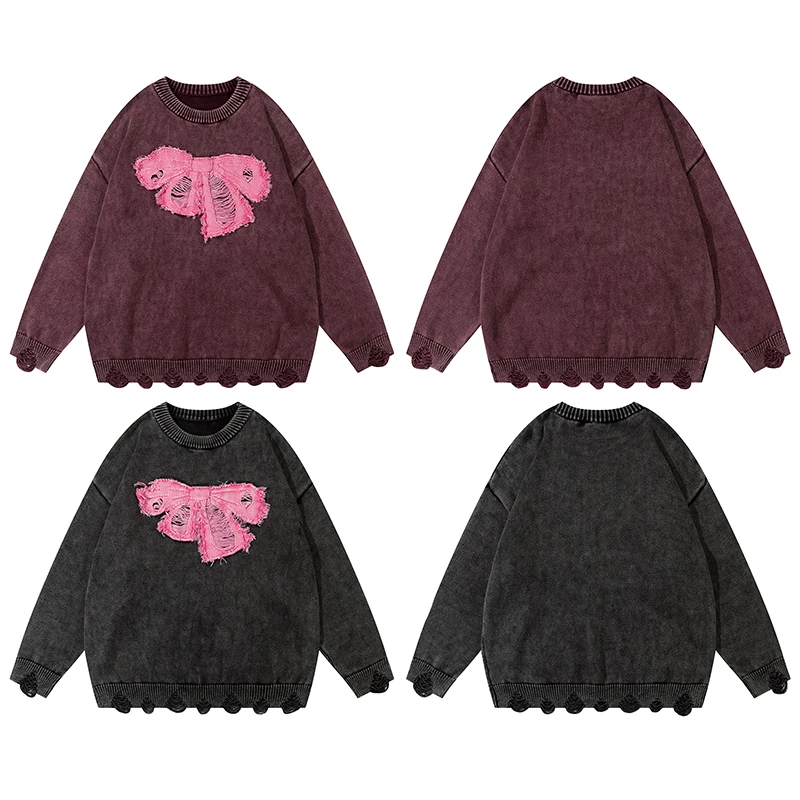 Vintage Hole Damaged Knitted Pink Bow Pattern Sweater Men Women Hip Hop Street Washed Loose Casual Sweatshirts Pullovers Winter
Vintage Hole Damaged Knitted Pink Bow Pattern Sweater Men Women Hip Hop Street Washed Loose Casual Sweatshirts Pullovers Winter
