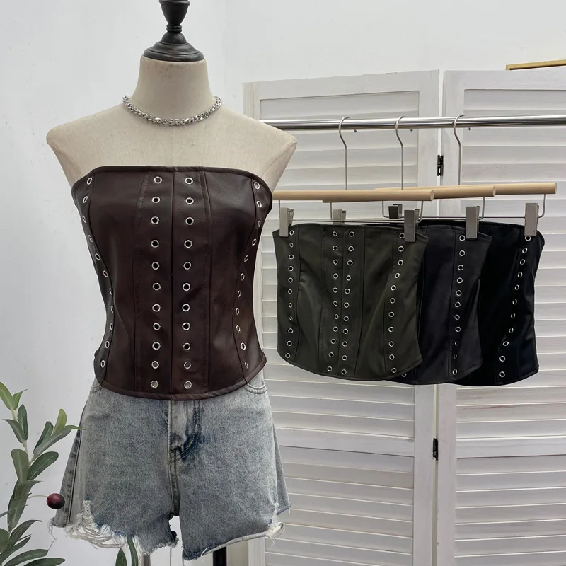 Rivet Design Strapless Vest Spice Girl Style Pu Leather Tight Short Retro Tube Top Sleeveless Top Women
Rivet Design Strapless Vest Spice Girl Style Pu Leather Tight Short Retro Tube Top Sleeveless Top Women
