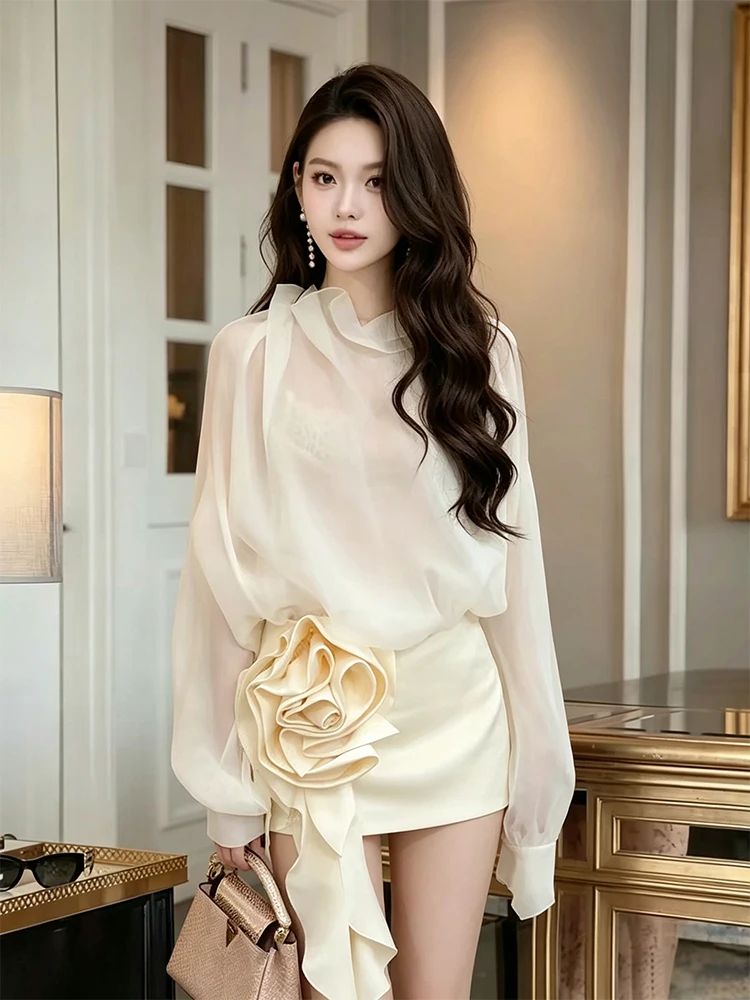 Elegant Floral Long Sleeve Shirt And Skirt Set Women's Unique Design Mesh See through High Waist Short Skirt Two Piece Suit
Elegant Floral Long Sleeve Shirt And Skirt Set Women's Unique Design Mesh See through High Waist Short Skirt Two Piece Suit