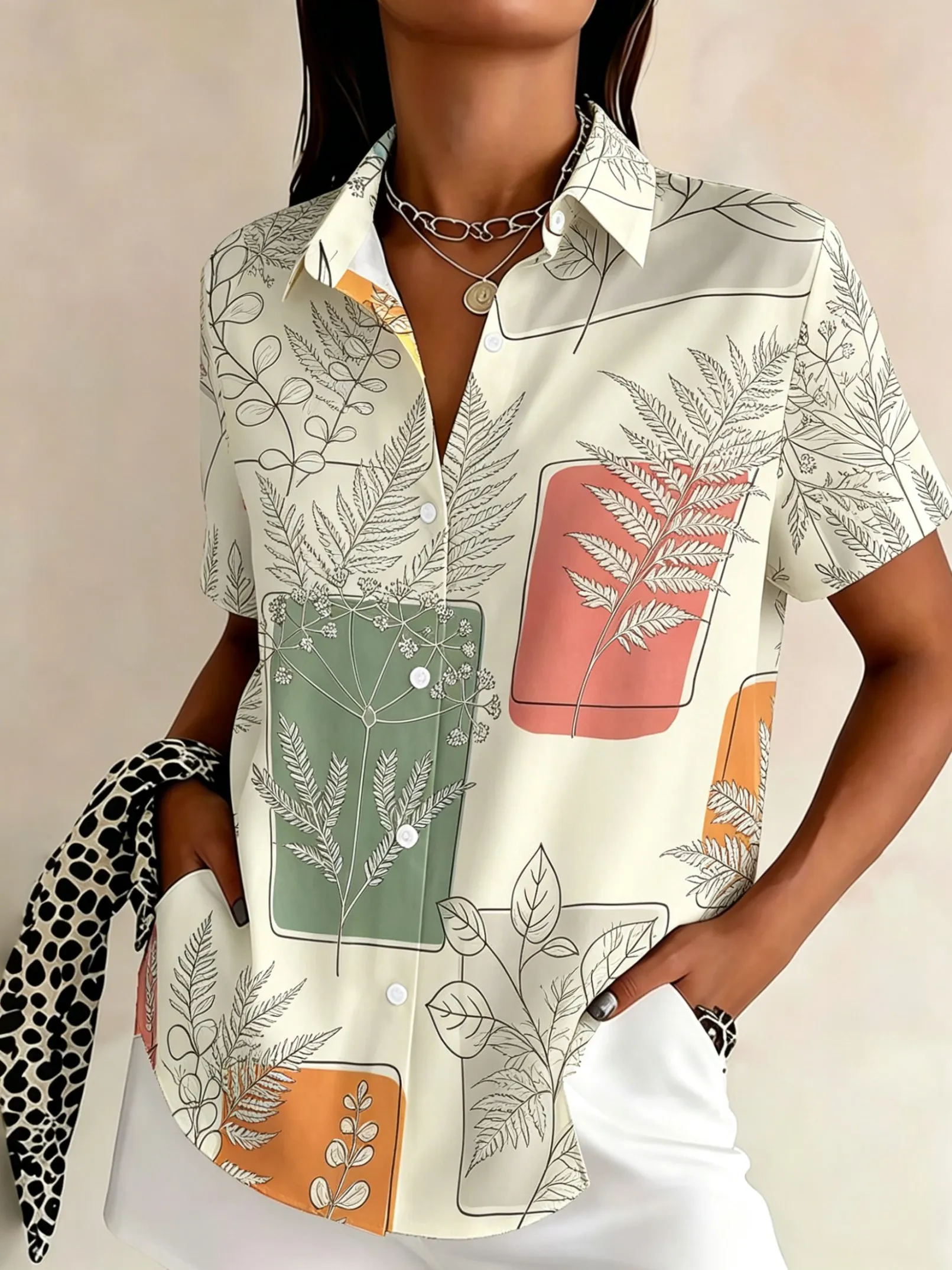 Women's Spring Summer Lapel Shirt, Beige Base Color Block Frame Line Drawing Fern Leaf Print Casual Tops for Daily Outfit
Women's Spring Summer Lapel Shirt, Beige Base Color Block Frame Line Drawing Fern Leaf Print Casual Tops for Daily Outfit