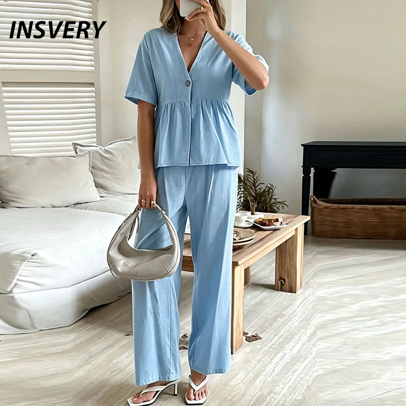 2026 New Women Solid Color V-Neck Button Short Sleeve Shirt Trousers Suit Summer Women T-Shirt Top + Long Pants Two Piece Sets
2026 New Women Solid Color V-Neck Button Short Sleeve Shirt Trousers Suit Summer Women T-Shirt Top + Long Pants Two Piece Sets