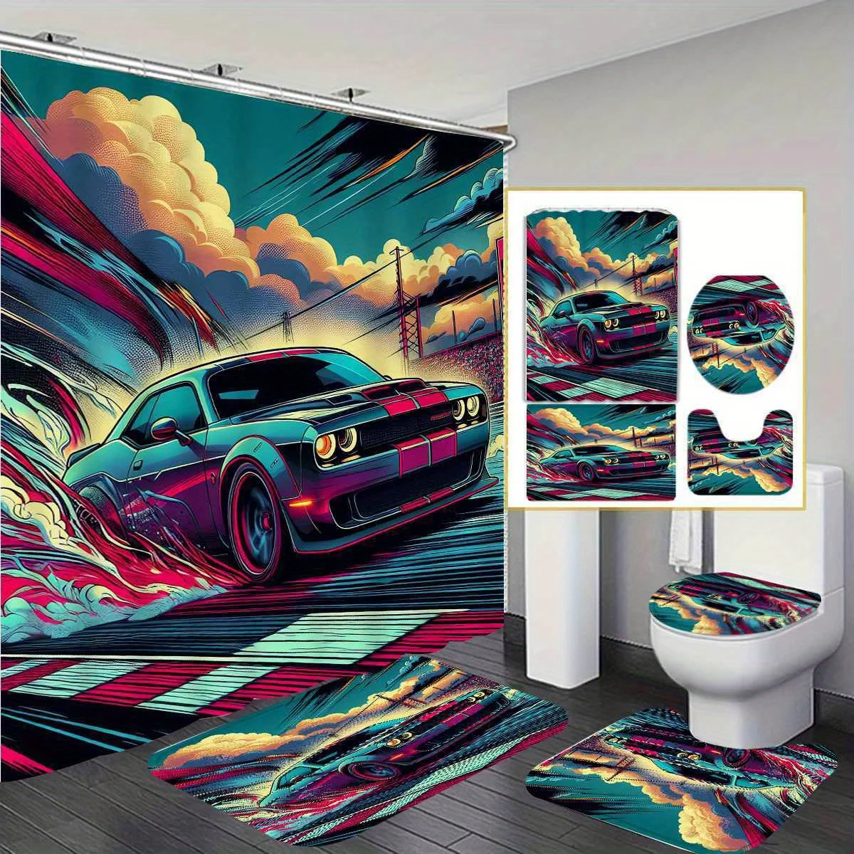 Speedy Car Bathroom Set: Waterproof Shower Curtain, Soft Contour Rug, Stylish Toilet Lid Cover, Non-Slip Bathtub Mat
Speedy Car Bathroom Set: Waterproof Shower Curtain, Soft Contour Rug, Stylish Toilet Lid Cover, Non-Slip Bathtub Mat