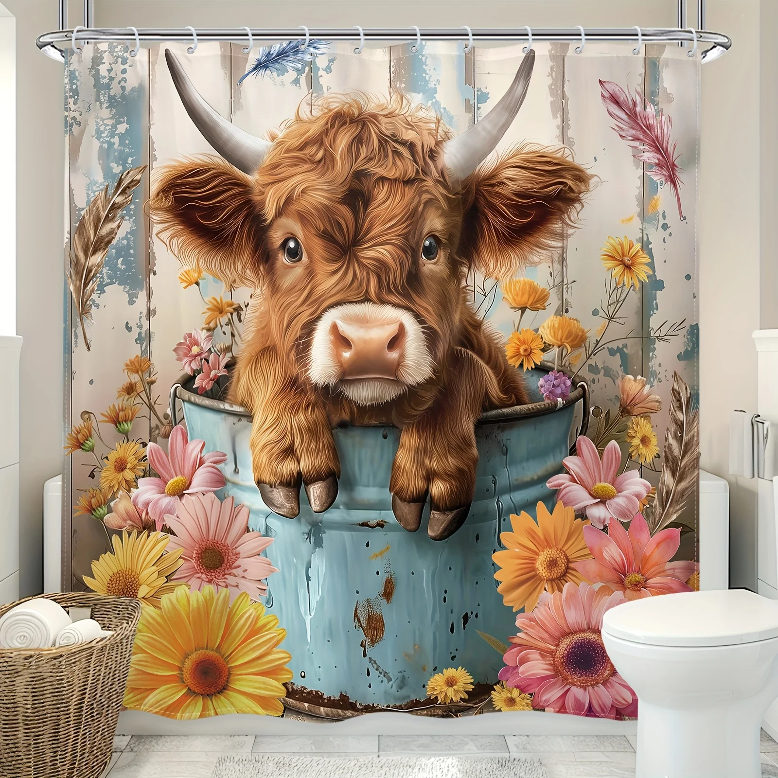 Funny Highland Cow Shower Curtain Cute Calf Sunflower Flower Iron Bucket Graffiti Art Bathroom Accessories Fabric with 12 Hooks
Funny Highland Cow Shower Curtain Cute Calf Sunflower Flower Iron Bucket Graffiti Art Bathroom Accessories Fabric with 12 Hooks